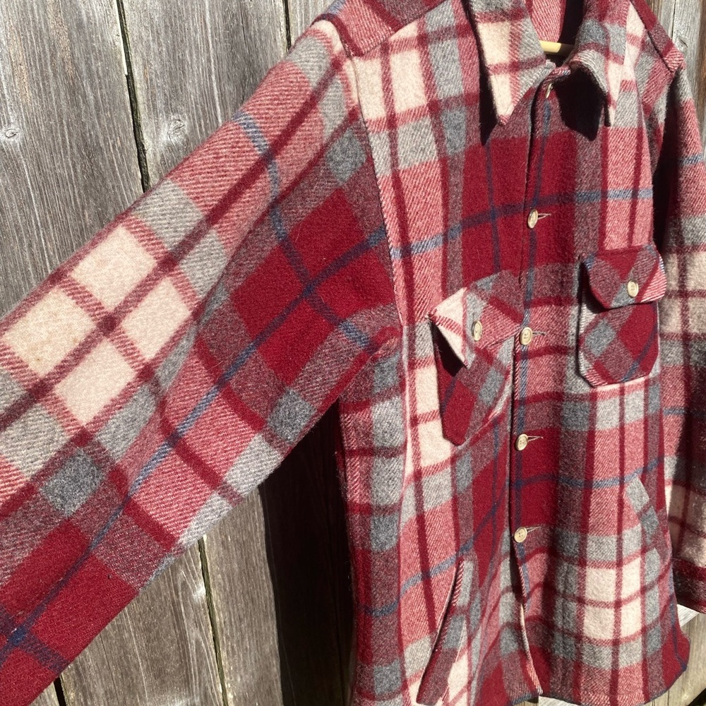 Vintage Eddie Bauer Red and Gray wool Plaid Utility Jacket - Picture 3 of 9
